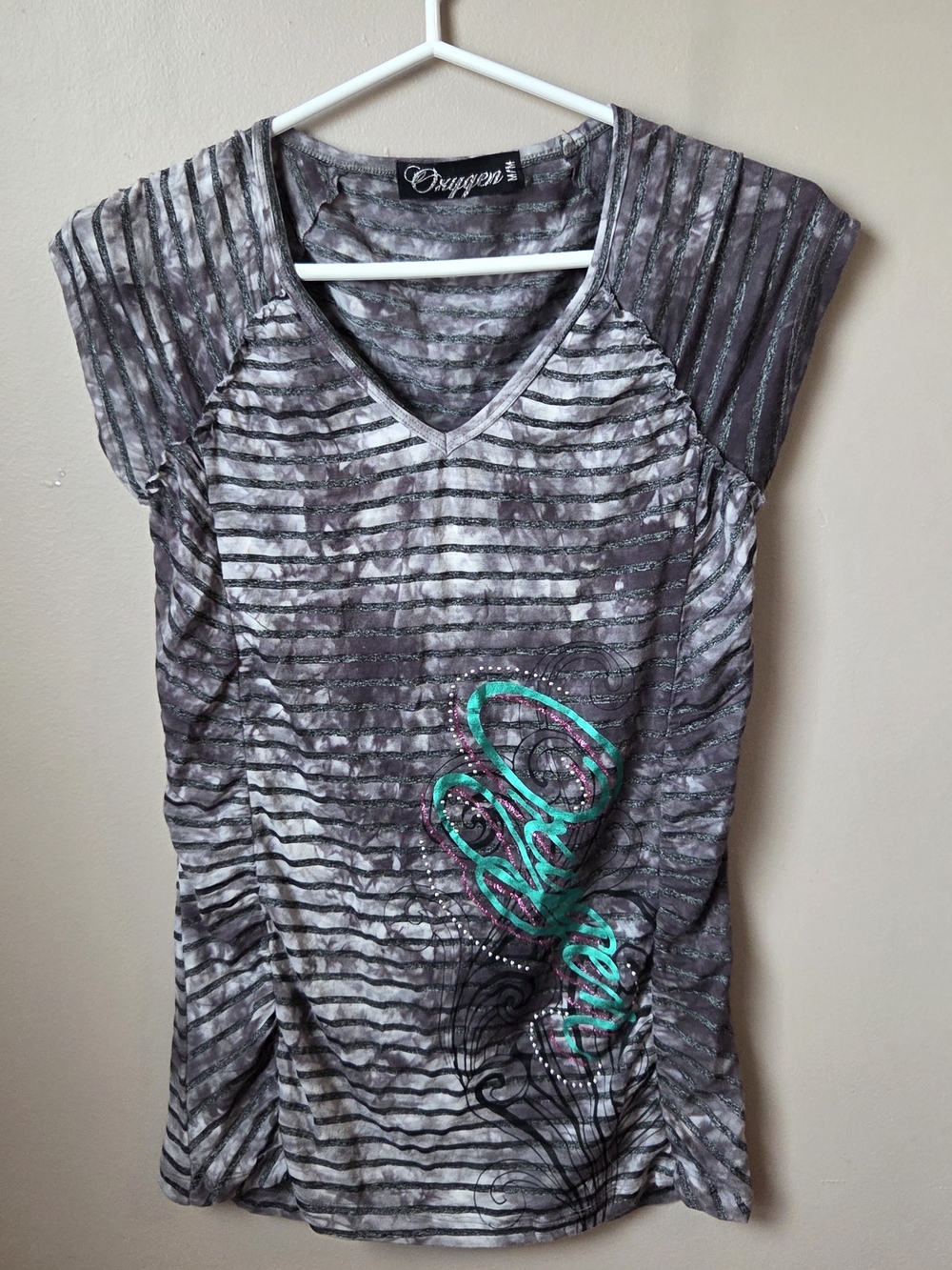 Gray Striped V-Neck Tee with Teal Script